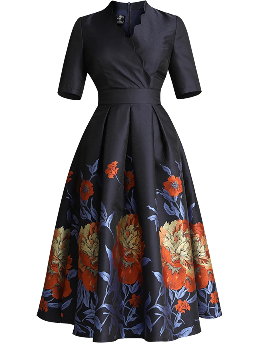 アンドレスド　V line jacquard dress Multicolor Metallic Floral Print Jacquard High Low Gown With