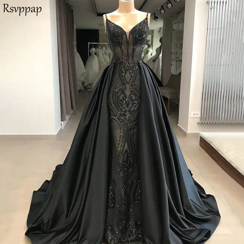 

Long Black Evening Dress 2019 New Arrival Mermaid V-neck Gorgeous Lace Long Train Formal Arabic Evening Gowns robe de soiree