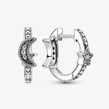 

2020 New 925 Sterling Silver Sparkling Crescent Moon & Stars Beaded Hoop Earrings Women Jewelry Gift