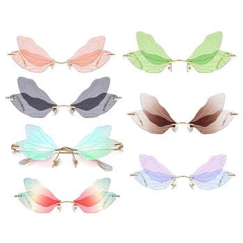 

Fashion Rimless Dragonfly Wing Sunglasses Women Vintage Clear Ocean Lens Eyewear Men Pink Sun Glasses Shades UV400