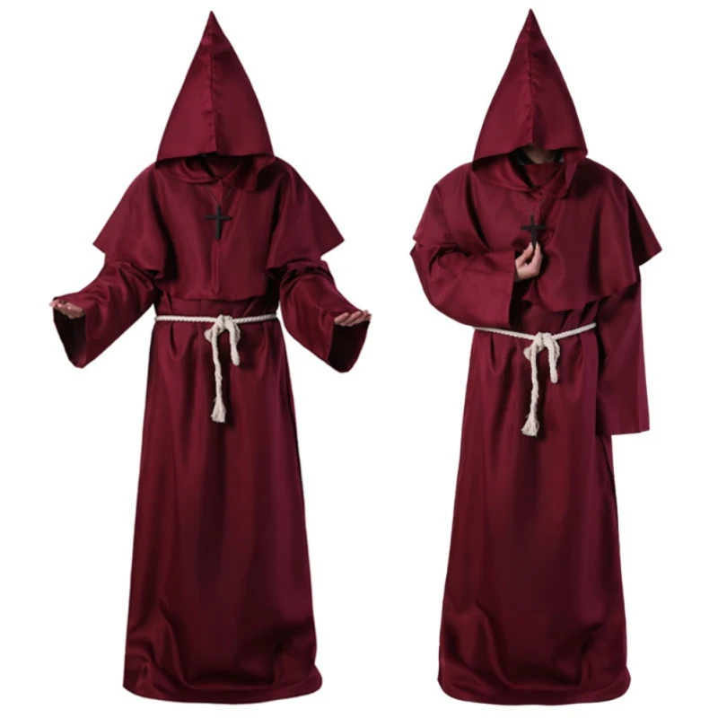 Хеллоуин монах с капюшоном Средневековый Ренессанс Плащ-накидка Friar Priest мужской халат одежда Comic Con партии Косплей Костюм - Цвет: Красный