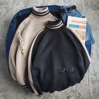

Men's sweater 2019 autumn and winter new high collar hit color sleeve sweater warm pullover youth fashion men's clothing