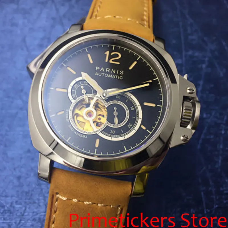 

44mm PARNIS black dial luminous marks 21 jewels automatic movement mens watch square polished case