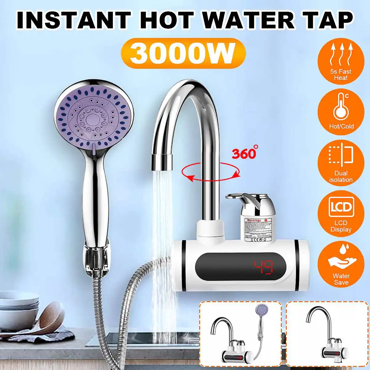 Calentador de agua instantáneo para ducha eléctrico, grifo eléctrico de 3000W y 220V, calentador de agua instantáneo + ducha