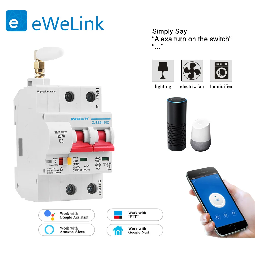Interruptor Autom/ático WiFi Disyuntor Smart Disyuntor KKmoon Interruptor protector de circuito 1P 50A//2P 63-80A Interruptor de sincronizaci/ón control de voz del tel/éfono remoto del disyuntor