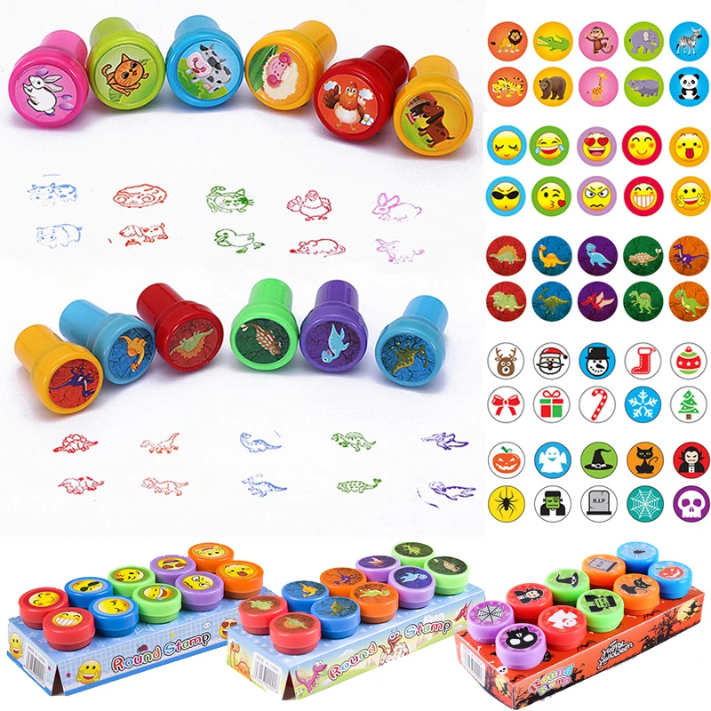 Self Ink Stamps 10pcs/Set Children Toy Stamps Cartoon Animals Fruits Traffic Smile For Scrapbooking DIY
