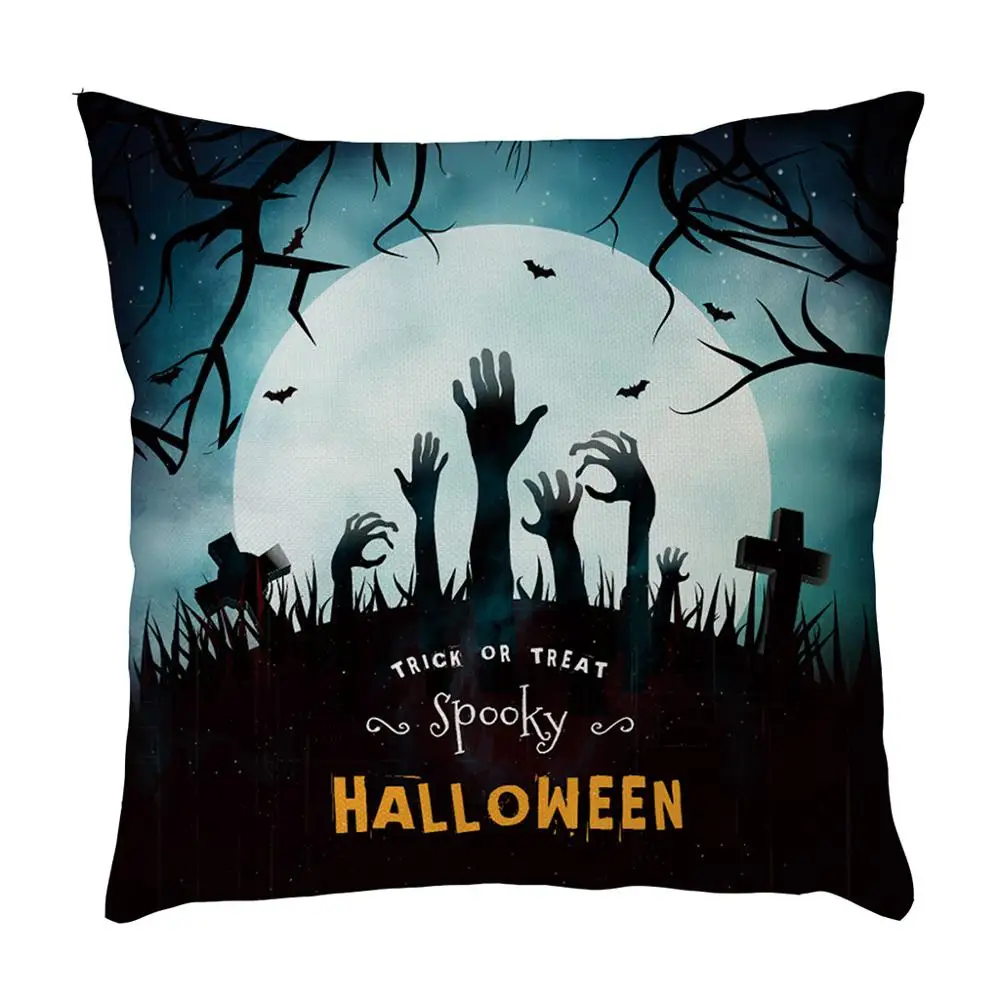 Square Horror Halloween Cushion Cover Linen Cotton Pillowcase Witch Pumpkin Castle Throw Waist Pillow Covers Home Decor Q3