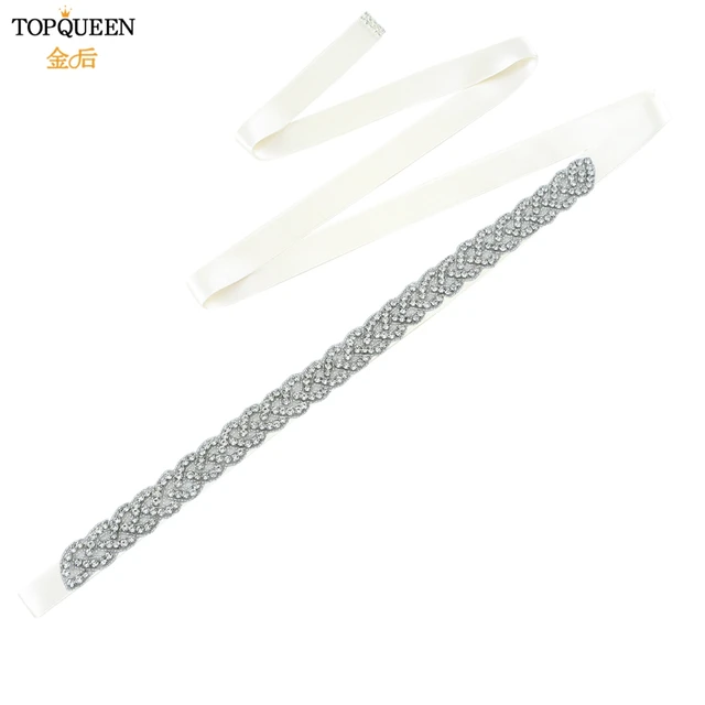 TOPQUEEN S216 Women's Rhinestones Belt Handmade Wedding Dresses Belt Marriage Bridal Ribbion Belts Wedding Bride Sash Party Belt Off white ribbon