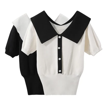 

thin knitted patchwork pullover sweater women summer shiny buttons clothes korean short sleeve turn-down neck sweaters 2020