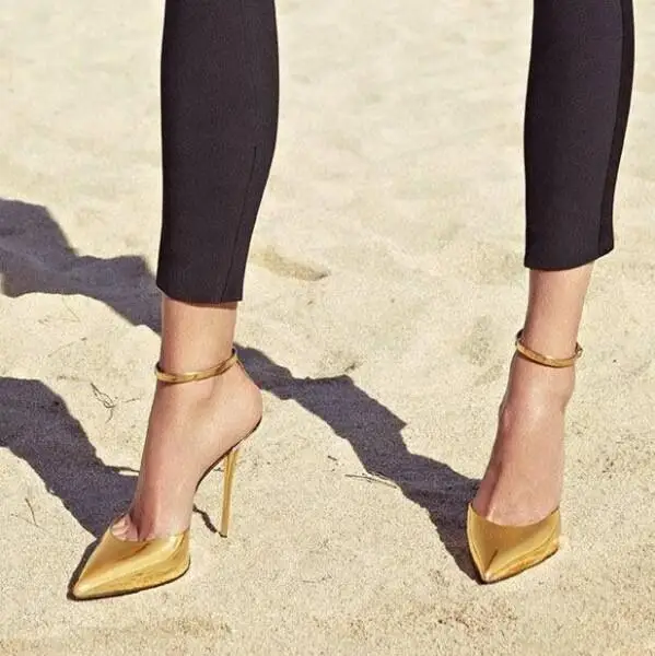 

Chic Gold Pointy Toe Stiletto Heels Mirror Leather Pump Shoes Women Ankle Strap Thin Heel Banquet Dress Shoes Lady Formal Pump