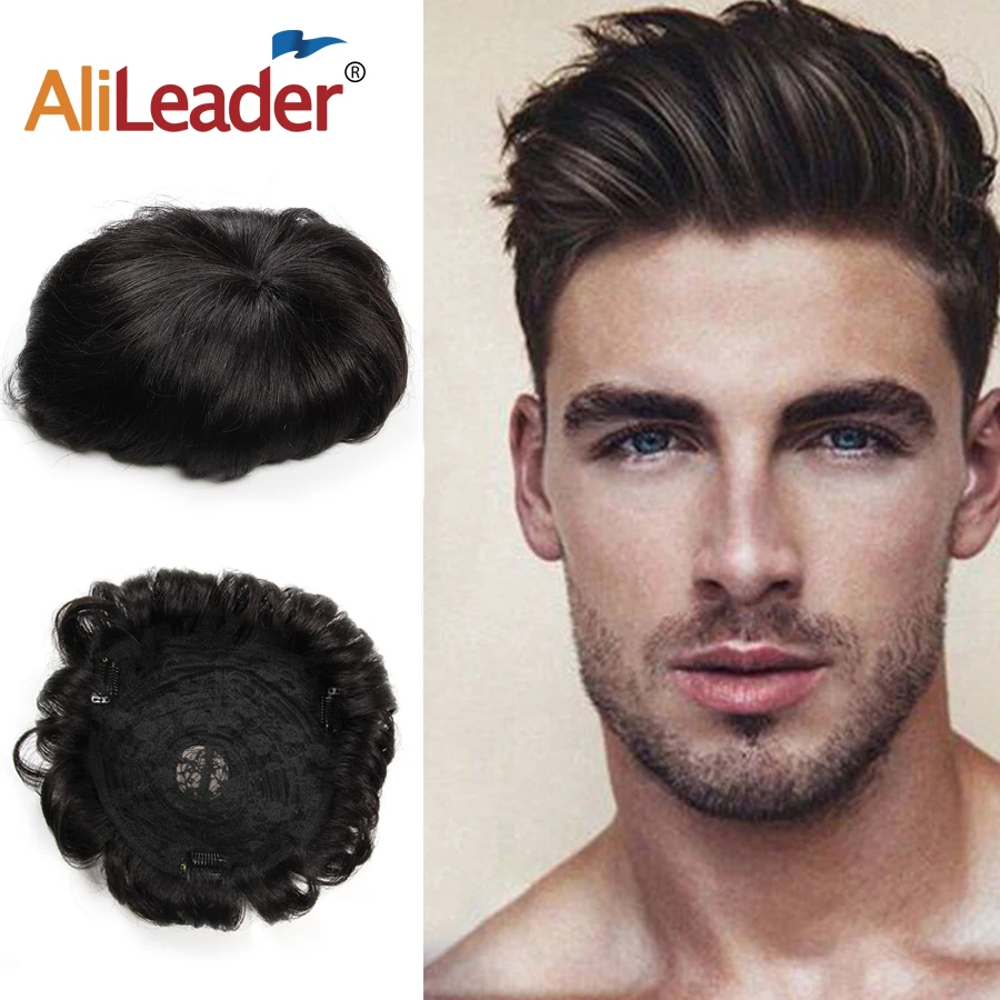 

Alileader New Style Cheap Men Hair Prosthesise With Clips Natural Color Human Thin Skin Topper Hair Wigs For Male