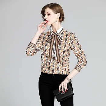 

blusas mujer 2020 Fashion Clothing Women Bow Turn Down Collar Tops Blouses Shirts Office Ladies Chain Printed Chiffon Shirts