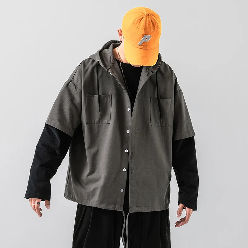 

Spring Cotton Hooded Jacket Men's Fashion Hit Color Casual Overalls Jackets Men Streetwear Loose Hip Hop Bomber Jacket Men M-5XL