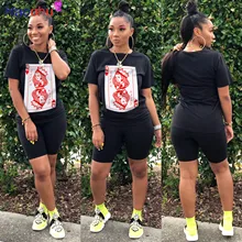 

HAOOHU Casual Women Poker Card Q print o-neck tee tops shorts jogger sweatpants suit two piece set sport matching set outfit