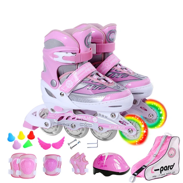 Children 4 Wheels Roller Skates Adjustable Flashing Skating Shoes Beginners  Anti-Fall Inline Skates With Suit