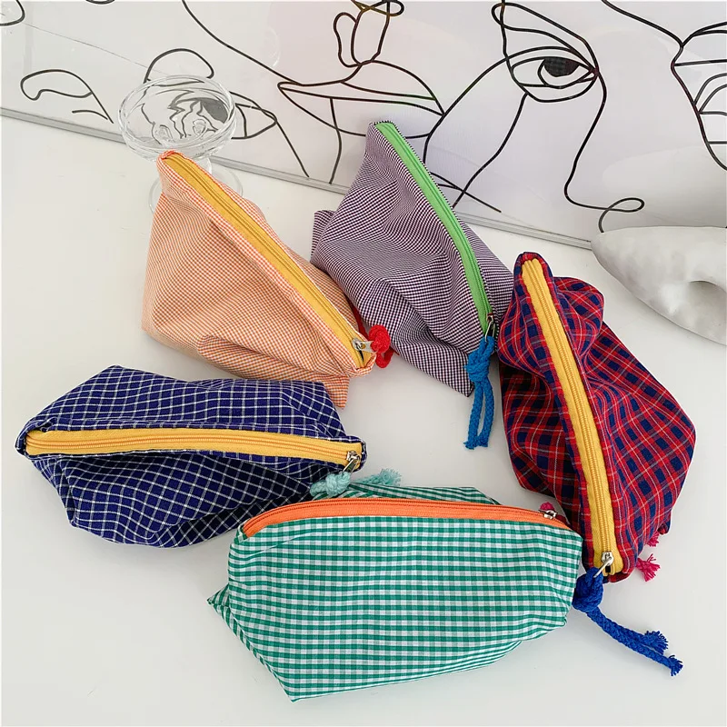 Cosmetic-Bag Toiletry-Wash-Bag Zipper-Pouch Plaid Travel Cotton-Fabric Female Japan-Style