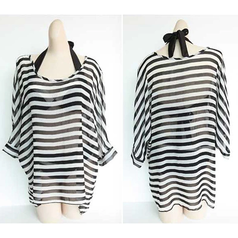 Women Bikini Swimwear Cover-Up Beach Dress Oversized Chiffon Bathing Suit Black and white stripes