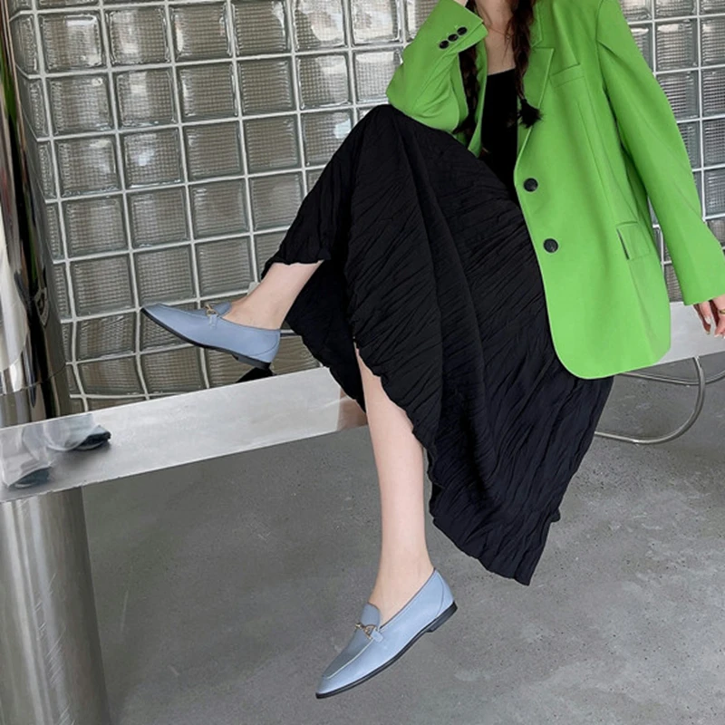 SUOJIALUN 2021 Spring Women Slip On Loafer Autumn Fashion British Metal Buckle Flat Shoes Round Toe Green Casual Ballerina