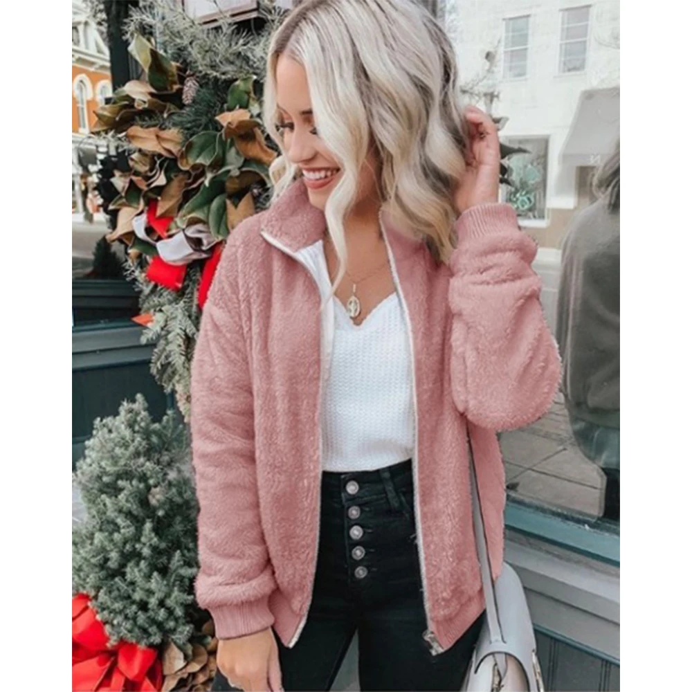 remarkable  2019 New Plush Coat Female Long-sleeved Collar Coat Winter Wild Zipper Ladies Thick Fleece Short Co