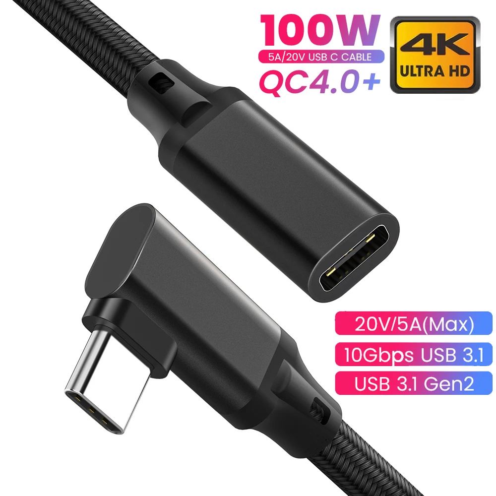 HD 4K USB C Удлинительный кабель 100 Вт PD 5A прямой угол изгиба 90 градусов Gen 2 3 1 Тип шнур