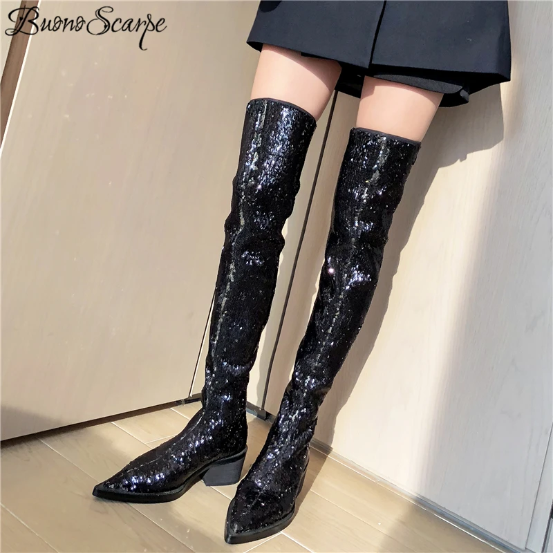 

Buono Scarpe Glitter Bling Bling Long Boots Women Thigh High Heels Botas Fenimina Pointy Chunky Over The Knee Boots Prom Boots