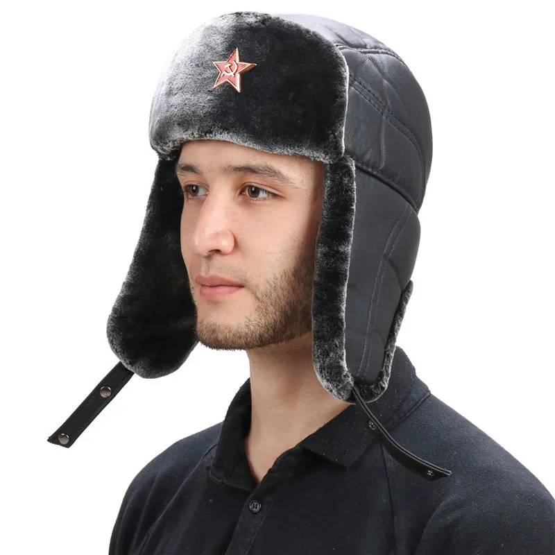 Army Military Soviet CCCP Ushanka Men&Women Winter Earflap Bomber Hat Warm Faux Fur PU Leather Thermal Snow ski Cap