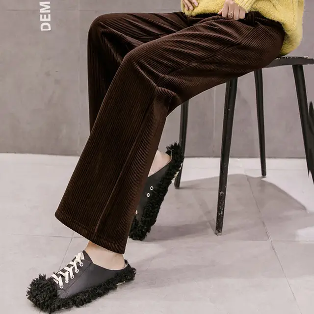 Pregnancy Abdominal Corduroy Pants Boyfriend Trousers Maternity Pants For Pregnant Women Clothes High Waist Trousers Loose Pants coffee