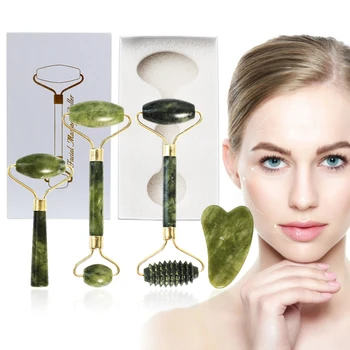 

Exquisite Box Gift Facial Massage Roller Guasha Scraping Board Set Double Heads Jade Stone Face Massager Lift Body Slim Neck