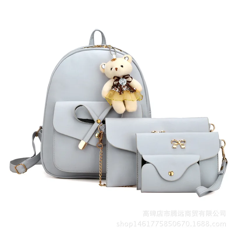 4pcs/Set Women's Leather Backpack School Backpack for Girls Shoulder Bag Fashion Travel Female Backpack Large Capacity Women Bag - Цвет: Серый