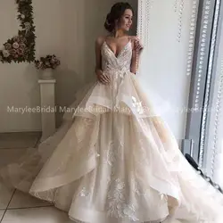 Роскошное свадебное платье цвета шампанского с v-образным вырезом на бретельках; бальное платье принцессы с открытой спиной;