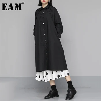 

[EAM] Women Black Pelated Split Joint Long Shirt Dress New Lapel Long Sleeve Loose Fit Fashion Tide Spring Autumn 2020 1N645