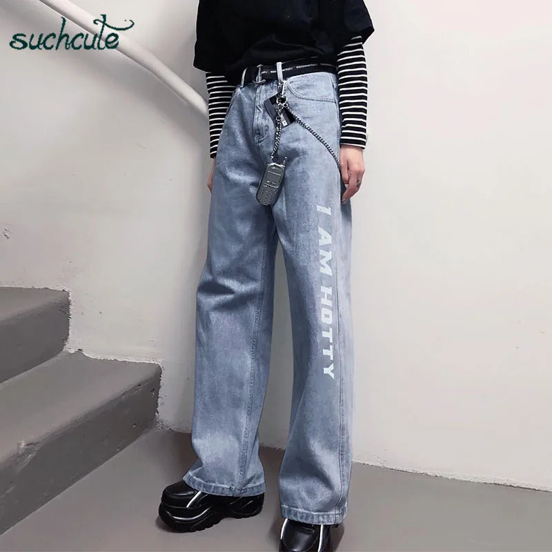 SUCHCUTE, свободные женские джинсы, джинсовые штаны, синие, широкие, повседневные, в стиле панк, корейский стиль, Harajuku, брюки, женские, для бега, Harajuku, бриджи
