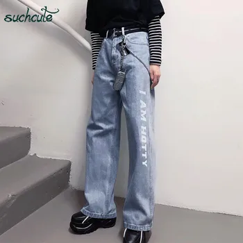 

SUCHCUTE Loose Women Jeans Denim Pants Blue Wide Leg Casual Punk Korean Style Harajuku Trousers Female Joggers Harajuku Breeches