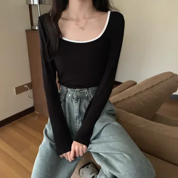 

PX2661 Slim-fit hit color long-sleeved T-shirt women's bottoming shirt slimming top