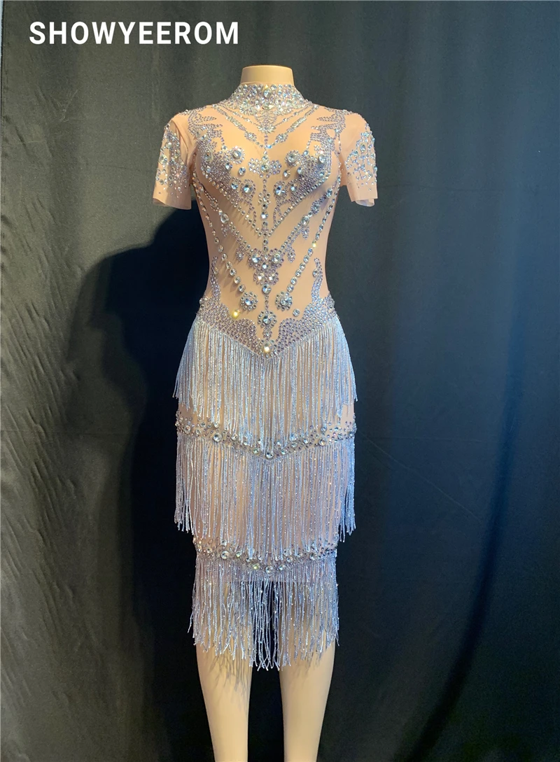 Блестящие кристаллы сетки перспектива Вечеринка Стразы платья комбинезон стрейч День Рождения Праздновать костюм платье с бахромой