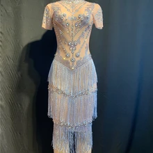 Блестящие кристаллы сетки перспектива Вечеринка Стразы платья комбинезон стрейч День Рождения Праздновать костюм платье с бахромой