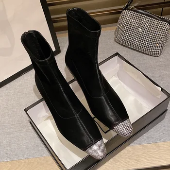 

high quality women ankle boots new brand sexy med heels rhinestone black zipper dress party casual shoes short boots size 34-40