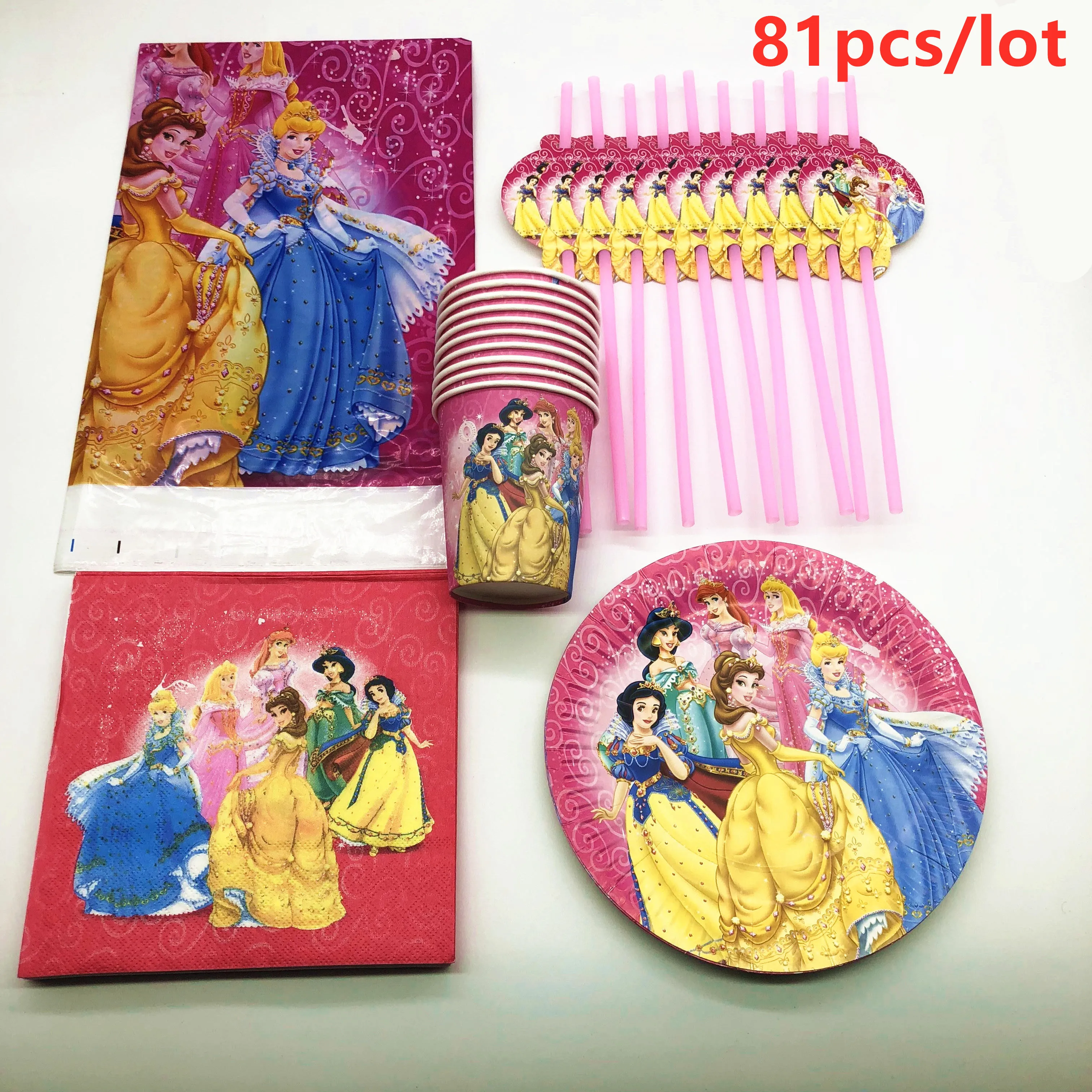 81Pcs Disney Six Princess Theme Kid Favor Birthday Party Paper Disposable Cup+Plate+Napkin+Straw+Tablecloth Decoration Supplies | Дом и сад