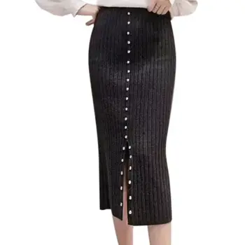

Women Autumn Winter Thickening Bag Hip Step Skirt High Waist Black Split Fork Rivet Skirt