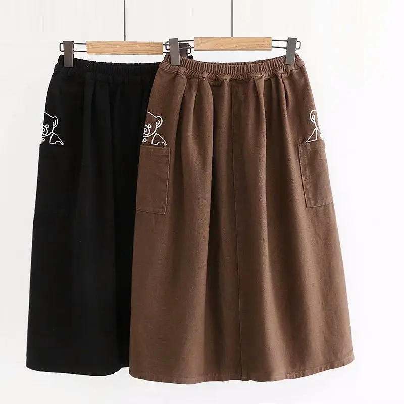 

2019 Autumn New Installation Japanese-style Sweet Cute Little Bear Embroidered Twill Brushed Elastic Waist Skirt