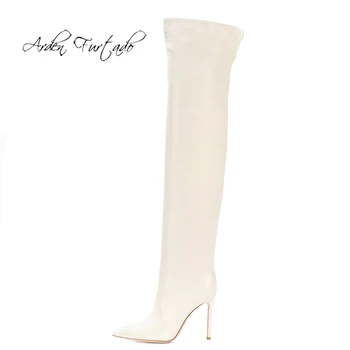 

Arden Furtado 2019 Fashion Women's Shoes Winter Pointed Toe Stilettos Heels Sexy Elegant Ladies white knee high Boots 45 46 new