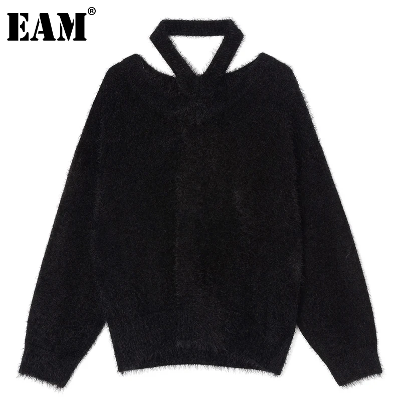 [EAM] Black Big Size Knitting Sweater Loose Fit