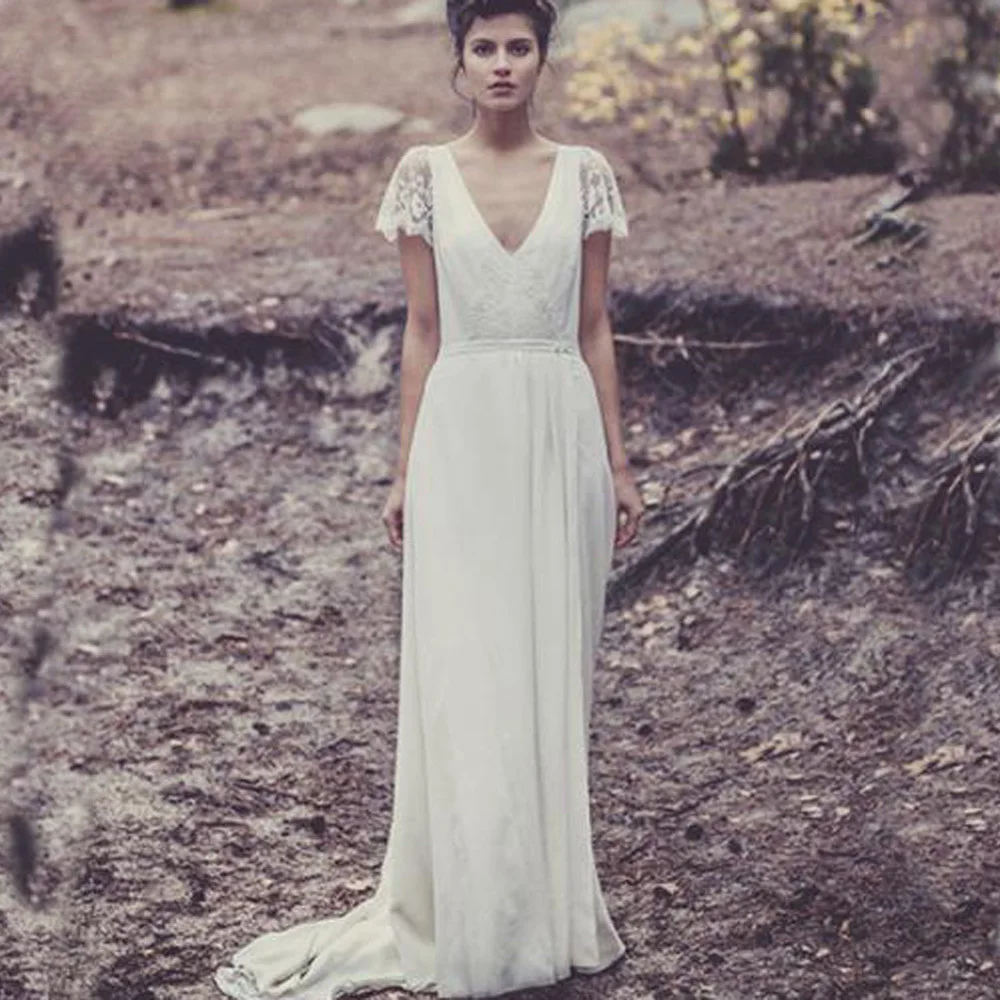 

Custom Laure de Sagazan Bridal Gowns with sleeve lace vintage Sexy backless V Neck Bohemian beach wedding dresses boho 2019