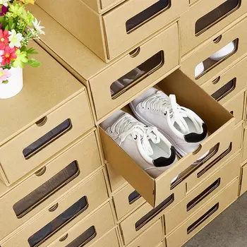

New Flip Shoes Storage Box Organizer Foldable Kraft Paper Shoes Storage Box Stackable Stacking Space Saving Thickened Shoebox
