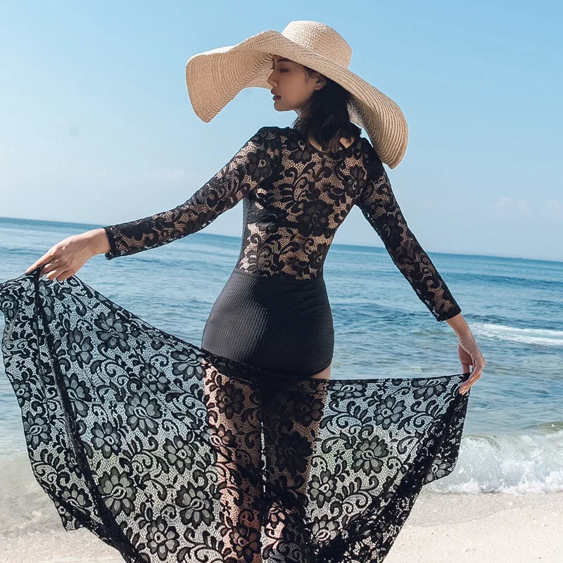 

Bathing Suit Women's One-piece-Black with Thin Look Two-Piece Set South Korea INS-Style Hot Springs Service Lace Tour Bathing Su