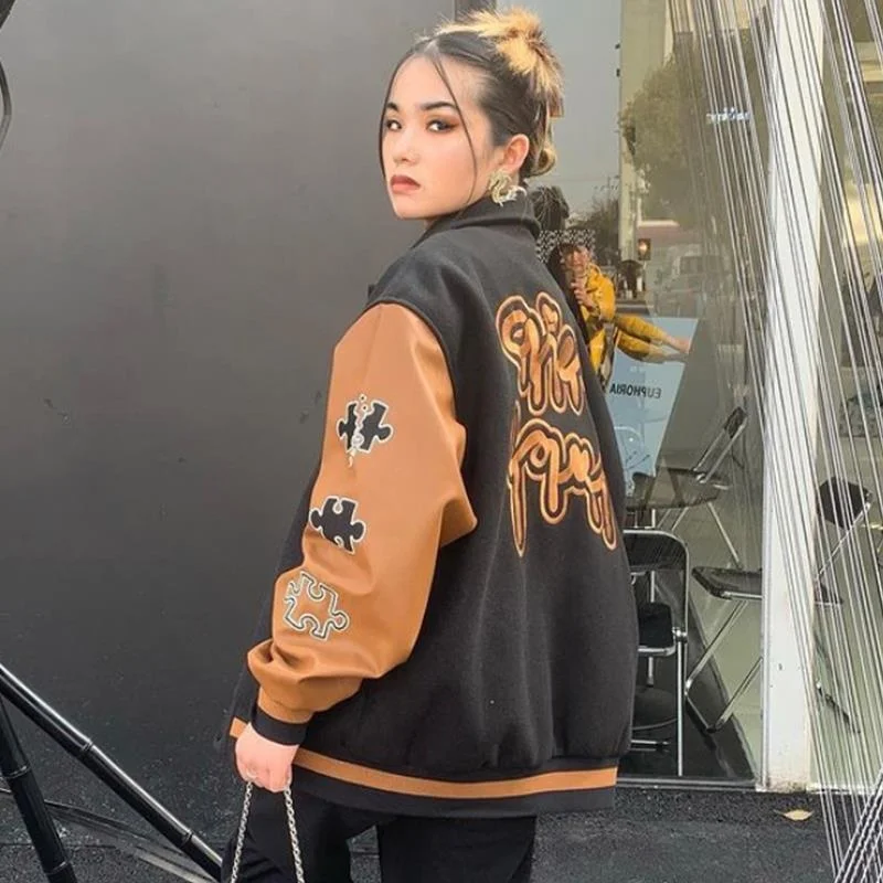 Bomber Jacket Women Vintage Hip-hop Baseball Jacket Letters Embroidery Patchwork Streetwear College Rock Jacket Varsity Jacket