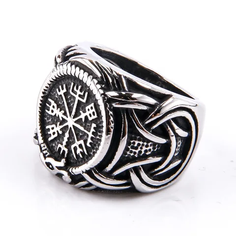 Viking 316L Stainless Steel Compass Odin Rune Vegvisir Ring for Men Punk Retro Amulet Jewelry Ring Male Bijoux