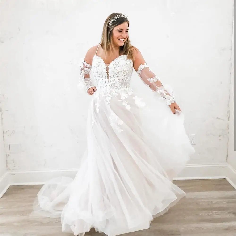 

Off Shoulder Wedding Dress 2020 White A-Line Long Sleeve Sweetheart Simple ace Appliques Bridal Gowns Custom Made Charming