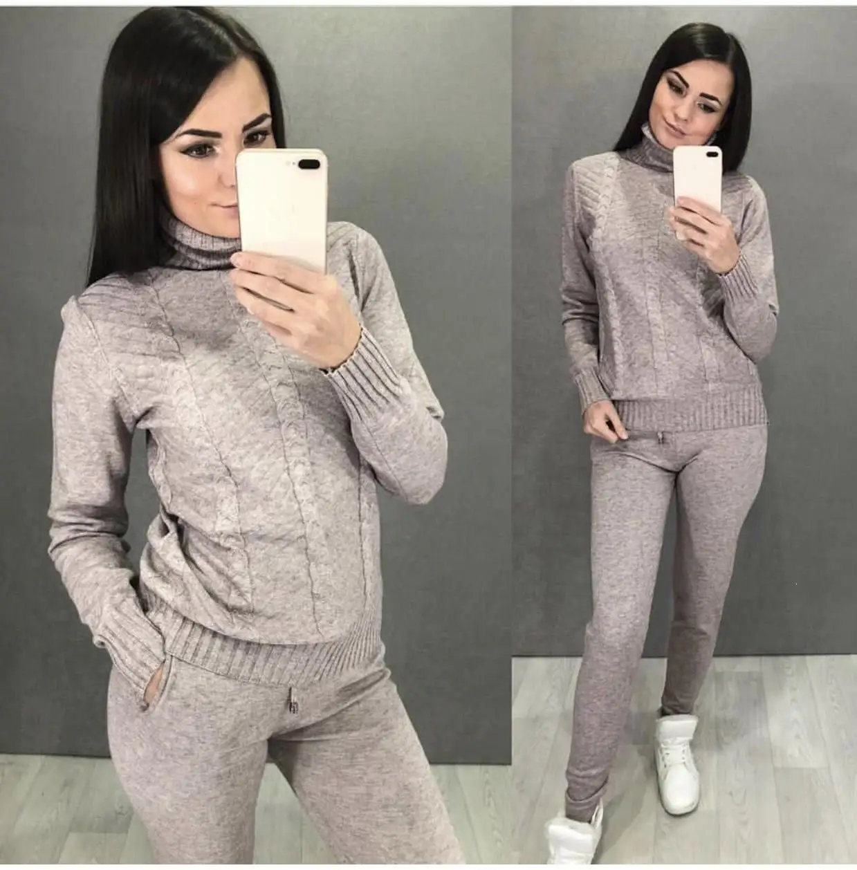 Женский комплект 2 шт. спортивные костюмы сезон осень-зима вязаный свитер с