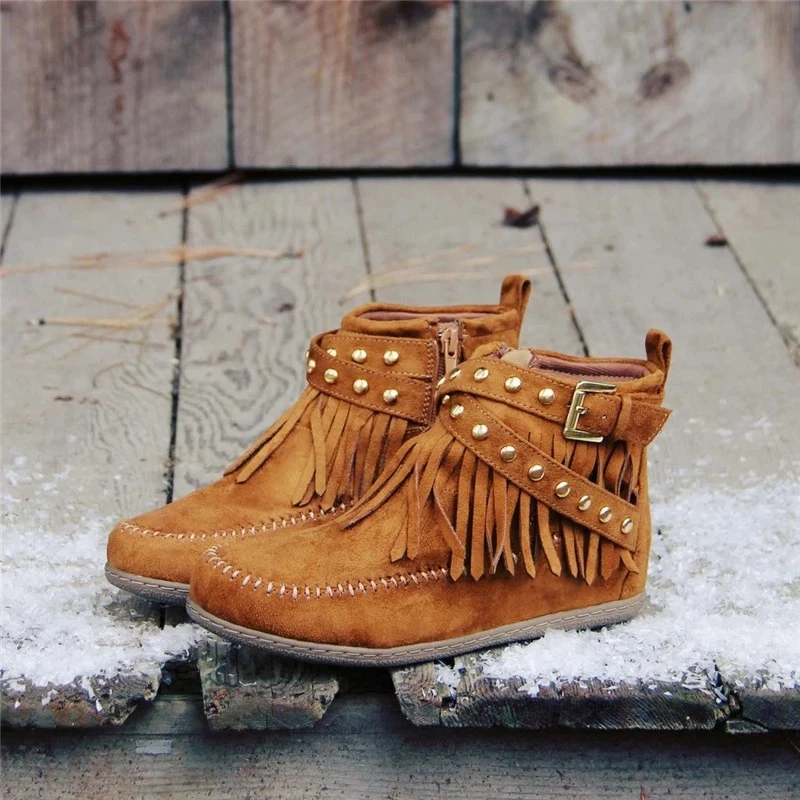 

SHUJIN Women's Short Boots Solid Color Zippers Buckle Fringe Boots Ankle Boots PU Leather Flat Boots Shoes Female Botas Mujer